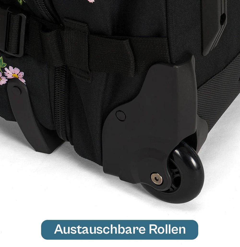 Ela Mo™ Reisetasche mit Rollen, 78 Liter, schwarz | Mit austauschbaren Rollen auf weißem Hintergrund