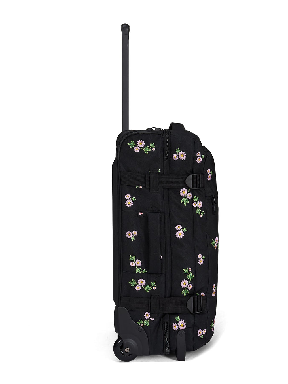 Ela Mo™ Reisetasche mit Rollen 78 Liter | Embroidery Edition Upsy Daisy. Seitenansicht der Tasche mit hochgezogenem Griff.