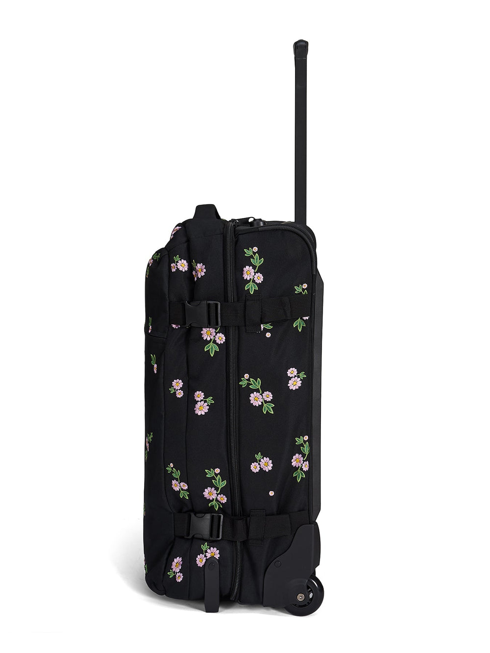 Ela Mo™ Reisetasche mit Rollen 78 Liter | Embroidery Edition Upsy Daisy. Seitenansicht der schwarzen, geblümten Tasche.