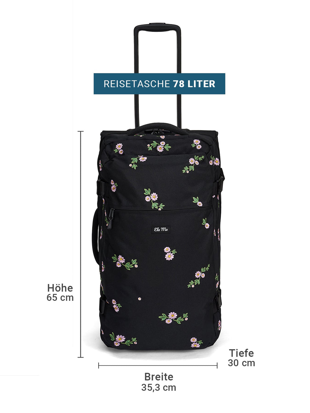 Ela Mo™ Reisetasche mit Rollen 78 Liter | Embroidery Edition Upsy Daisy. Schwarze, geblümte Tasche mit Maßangaben.