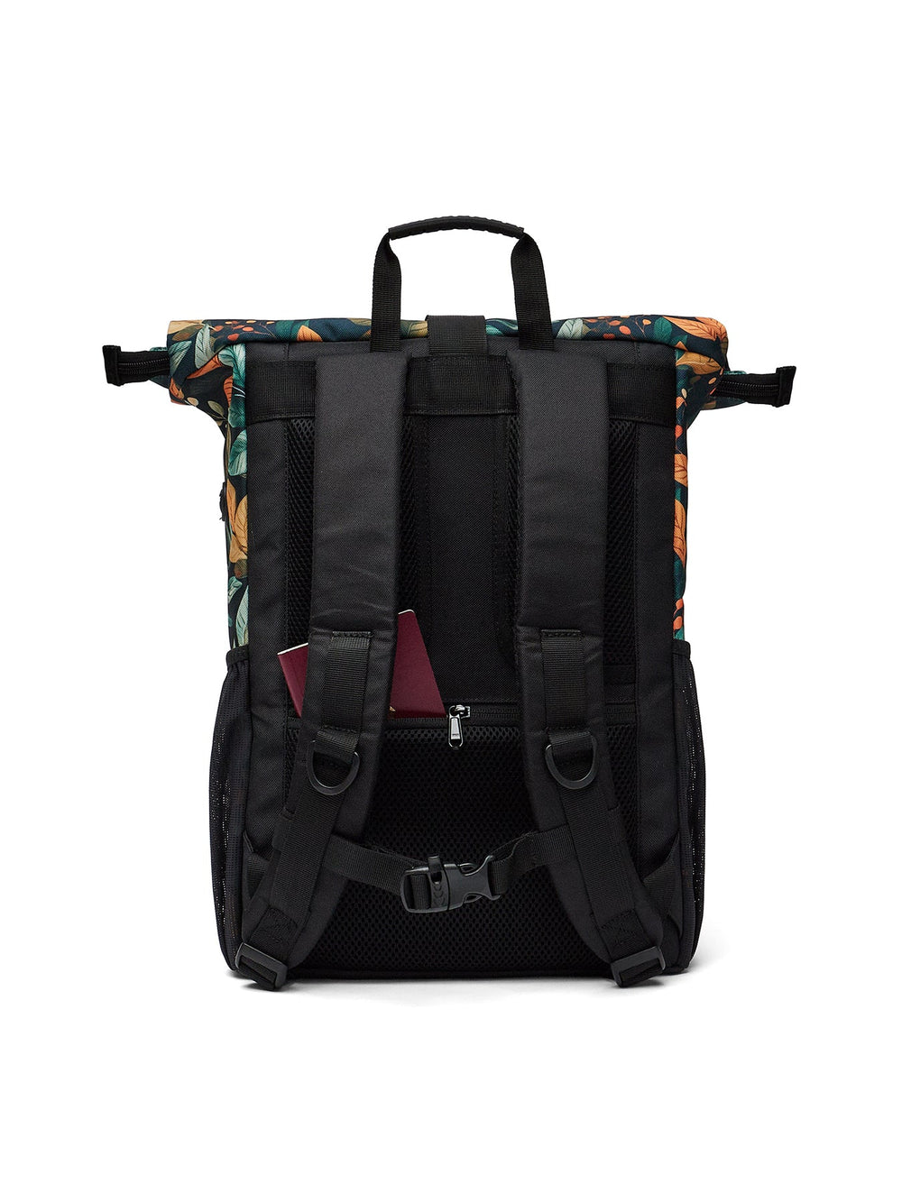 Ela Mo™ Rolltop Rucksack | Bye Bye Summer. Rückseite des floral gemusterten Rucksacks mit einem kleinen Außenfach.