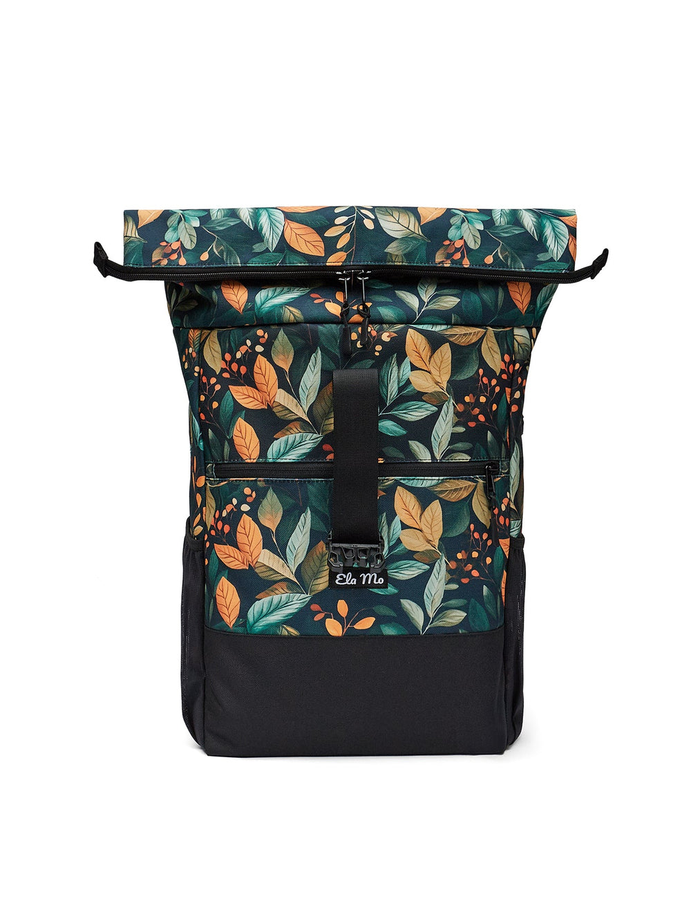 Ela Mo™ Rolltop Rucksack | Bye Bye Summer. Dunkel floral gemusterter Rucksack in vergrößerter Einstellung. 22 Liter