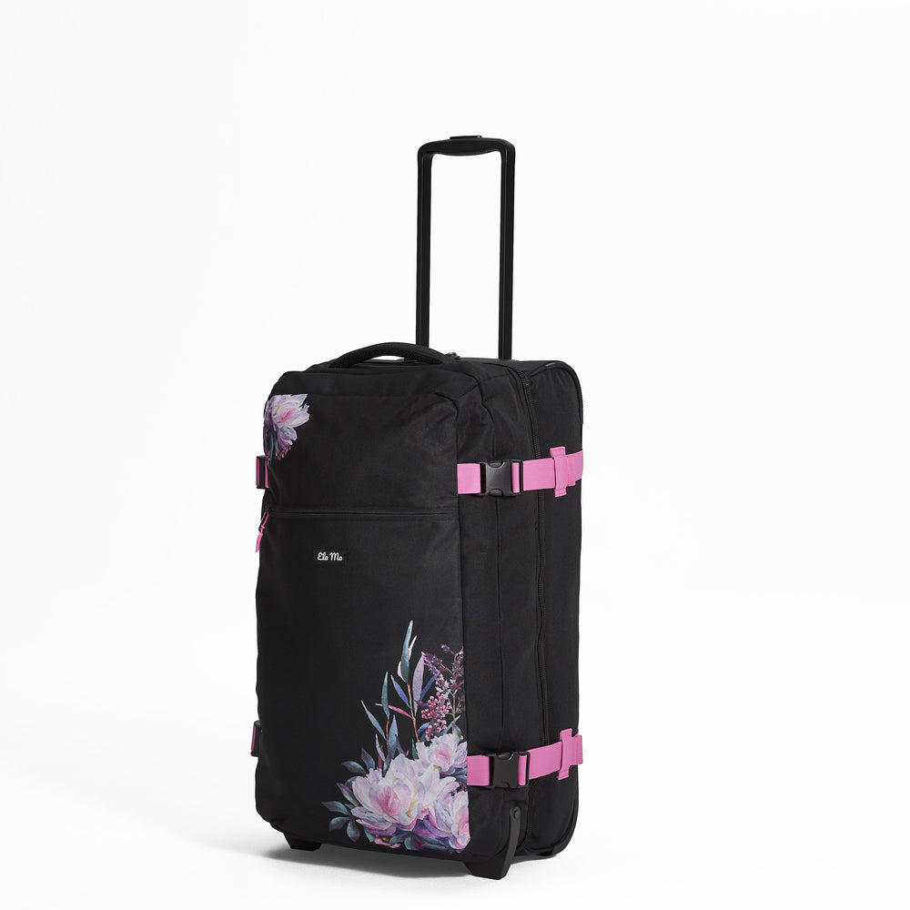 Ela Mo™ Reisetasche mit Rollen 78 Liter | Beauty in Darkness.Reisetasche mit Reißverschluss-Außenfach auf weißem Hintergrund