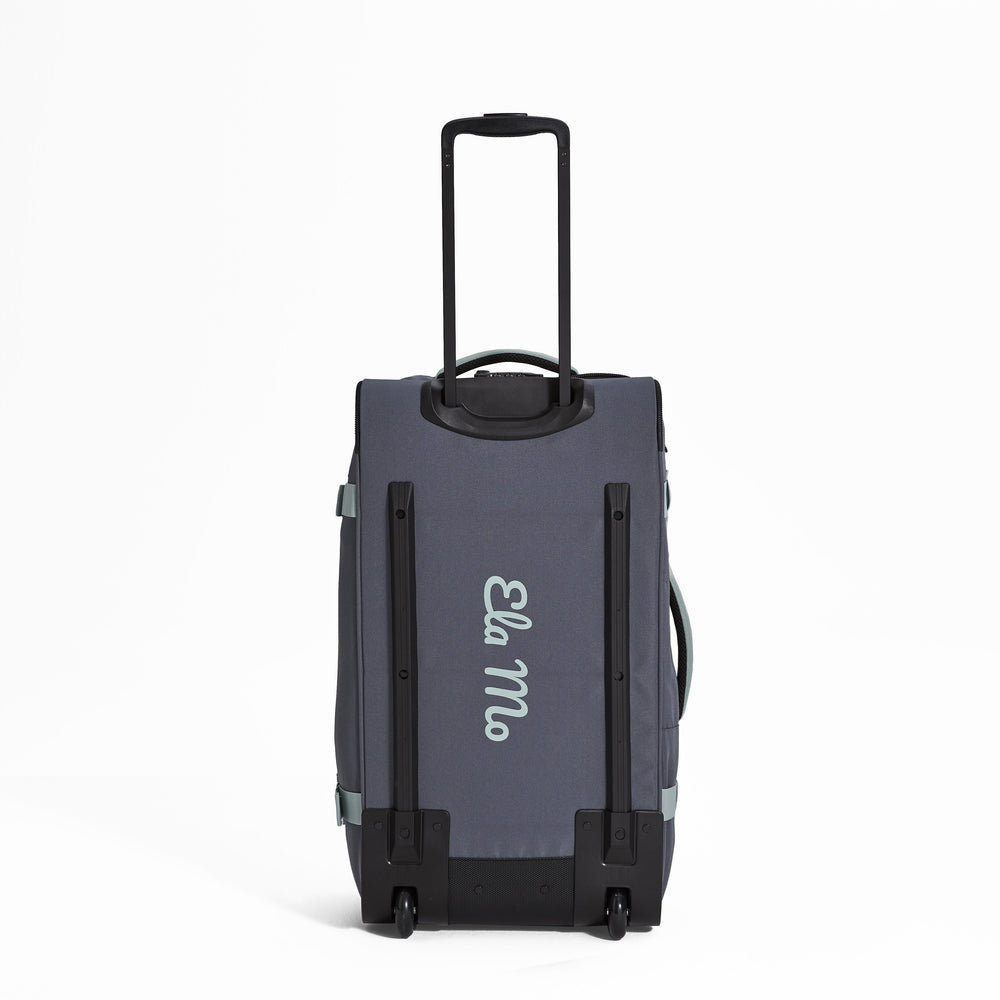 Ela Mo™ Reisetasche mit Rollen 78 Liter | Darkgrey Mint. Die Rückseite der Reisetasche mit Rollen und Herstellerlogo.