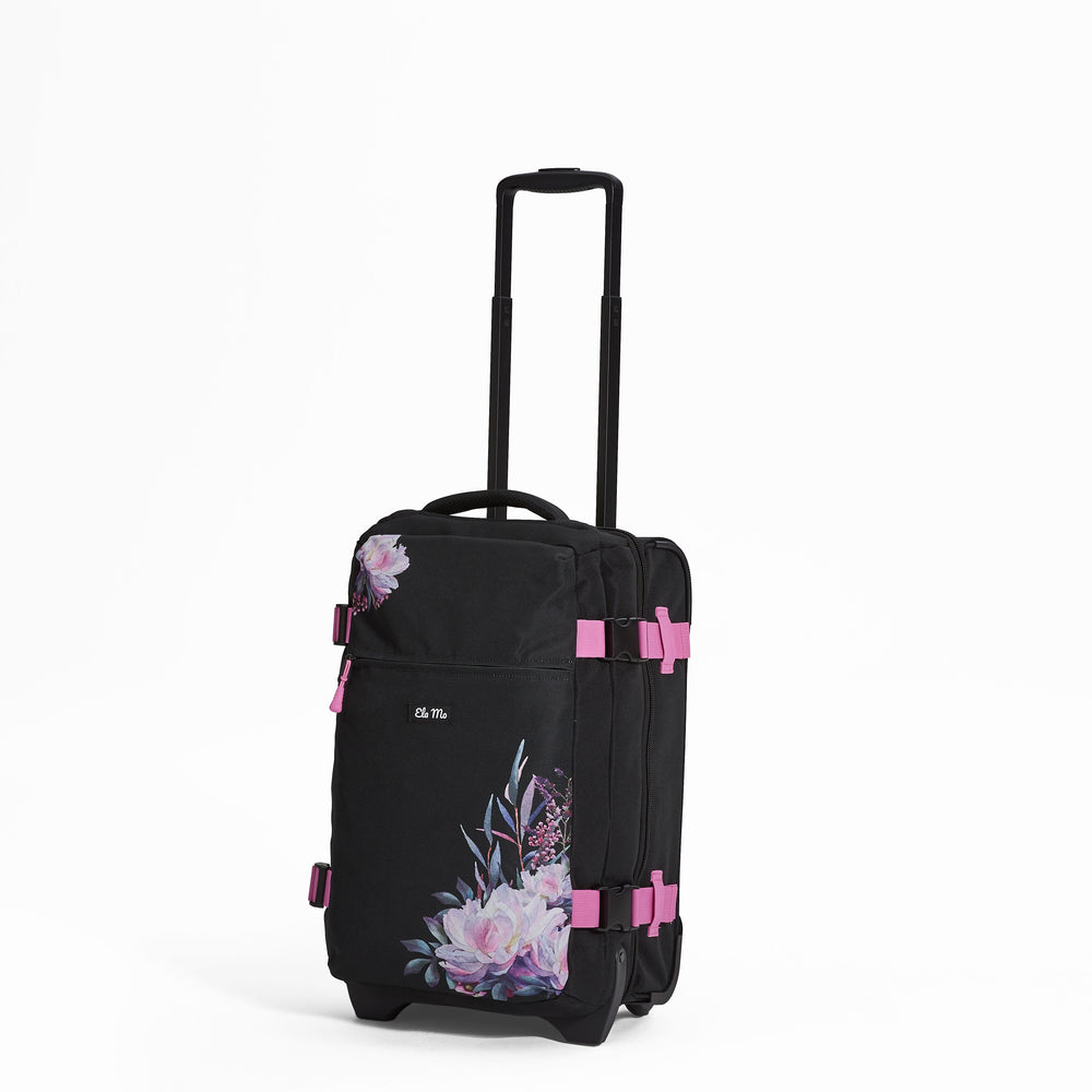 Ela Mo™ Reisetasche mit Rollen 42 Liter | Beauty in Darkness.Reisetasche mit Reißverschluss-Außenfach auf weißem Hintergrund