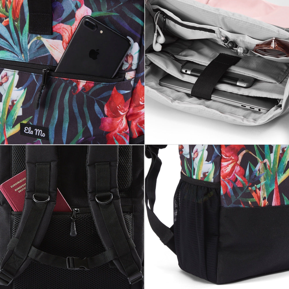 Ela Mo™ Rolltop Rucksack | Tropical Heat. Flaschenfach, Außenfach, Innenbereich und seitliche Tasche des Rucksacks.