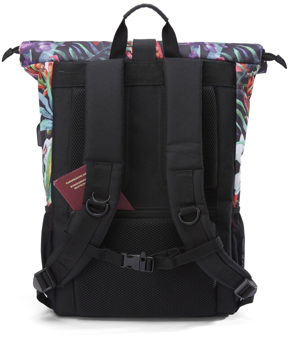 Ela Mo™ Rolltop Rucksack | Tropical Heat. Die Rückseite des Rucksacks mit Schulterriemen und kleinem Außenfach.